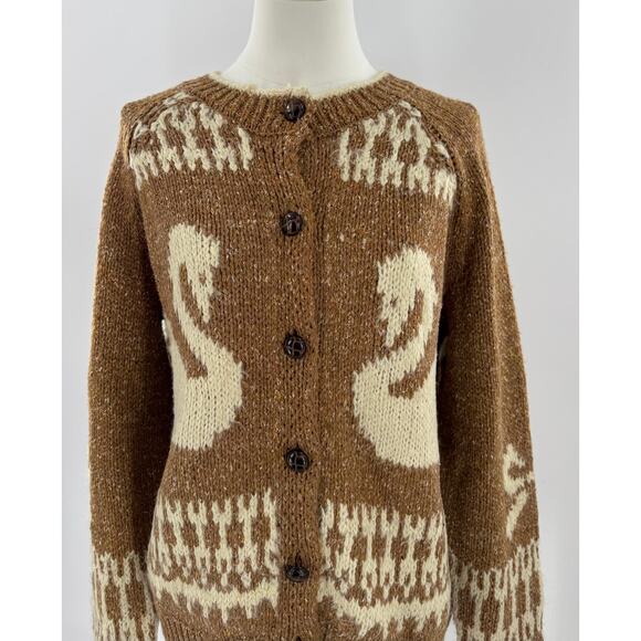 Kimchi Blue Swan Cardigan Brown Fair Isle Sweater Knit Rare Large - Picture 4 of 9